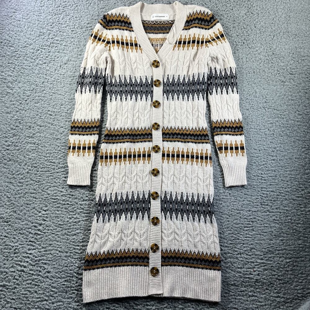 Lucky Brand Fair Isle Long Cardigan Sweater Dress Womens Medium Midi Button